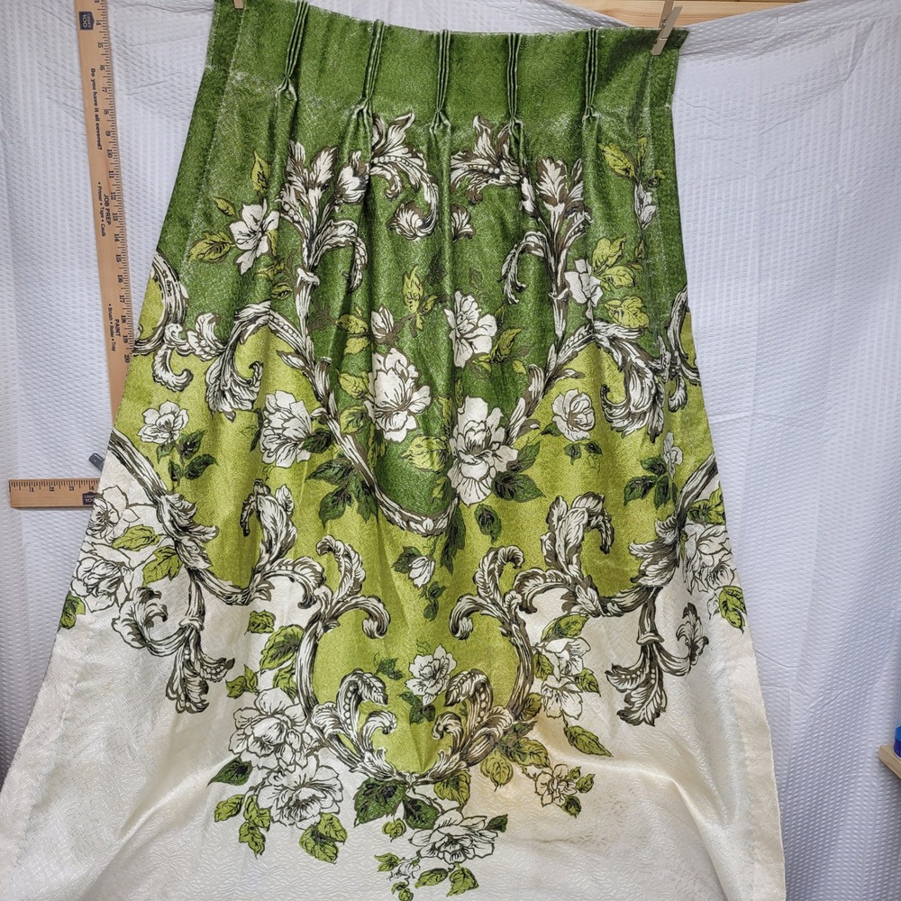 Vintage Floral Pinch Pleat Curtain 2 Panels Green Cream Brocade Botanical 63x39